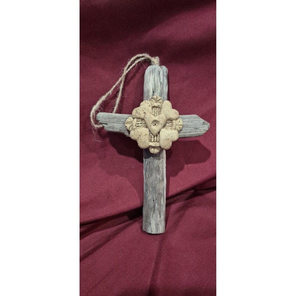 Driftwood Cross With Clayheart Accent 6 Inch Ornament Hanging Decor Christian